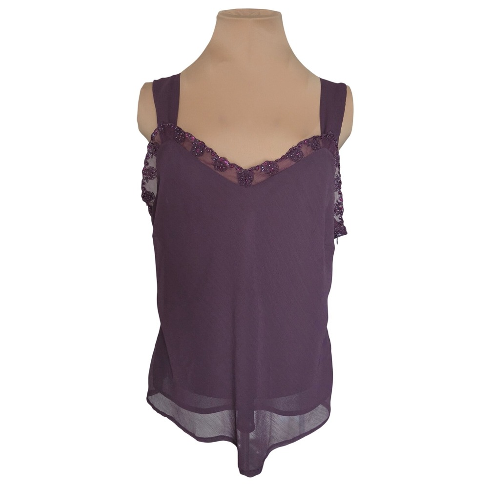 Chadwicks Plum Purple Beaded V-Neck Chiffon Blouse Size 16 Sleeveless Top